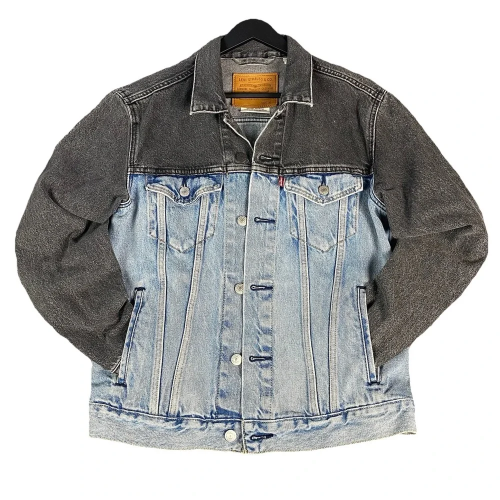 Levi's Premium Type III Trucker Jacket Mens M Color Block Black Charcoal Denim - Picture 1 of 16